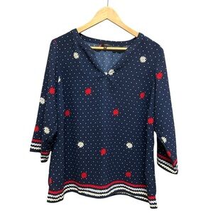 Talbots Red White Blue Polka Dot Daisy Long Sleeve Blouse Size 1X Petite